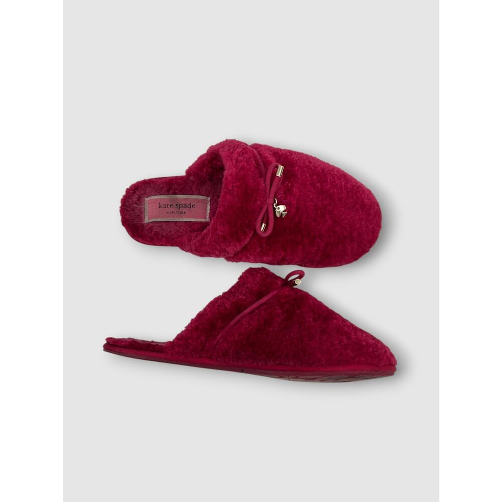 Kate Spade New York Faux Fur Scuff Mule Slippers Bow Spade Charm Size 8